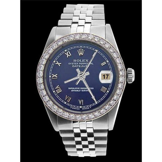 Rolex Datumjust Blauwe Romeinse Wijzerplaat Heren Jubileum roestvrij staal Diamanten Lunette 