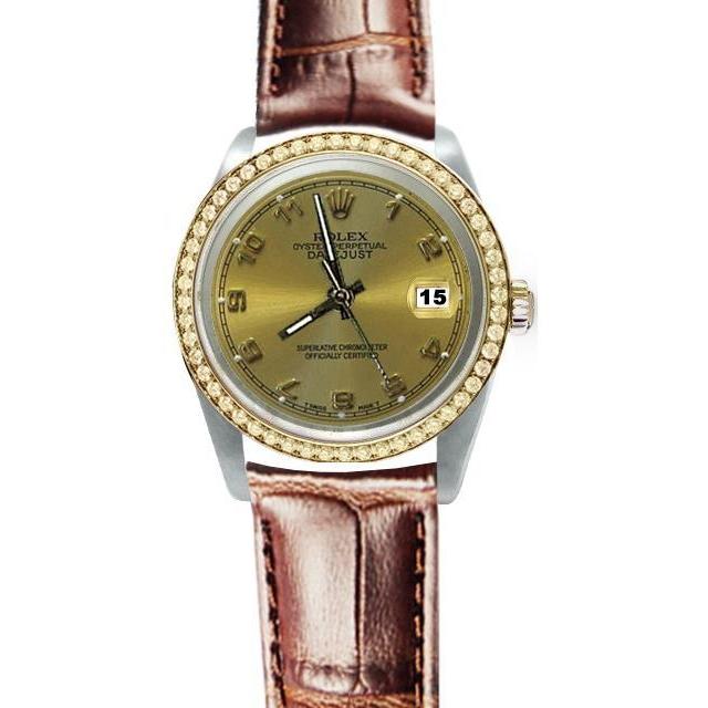 Rolex Datumjust Champagne Arabisch horloge lederen armband roestvrij staal en goud snel ingesteld

