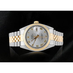 Rolex Datumjust Grijze Romeinse Wijzerplaat Gecanneleerde Lunette Herenhorloge Tweekleurig SNELLE INSTELLING