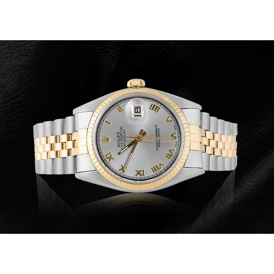 Rolex Datumjust Grijze Romeinse Wijzerplaat Gecanneleerde Lunette Herenhorloge Tweekleurig SNELLE INSTELLING
