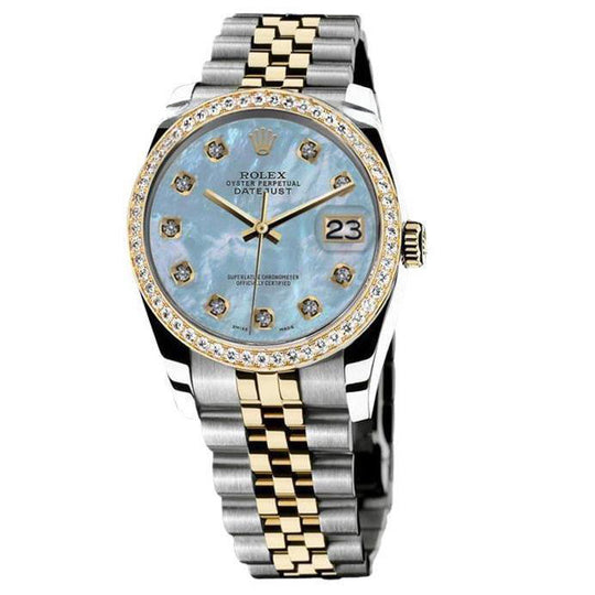 Rolex Datumjust Herenhorloge twee toon Diamanten lunette Blauwe Dweil Diamanten Wijzerplaat SNELLE INSTELLING

