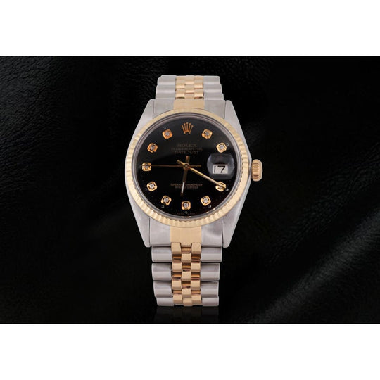 Rolex Datumjust Zwarte Diamant Wijzerplaat Herenhorloge Tweekleurige Jubileum
