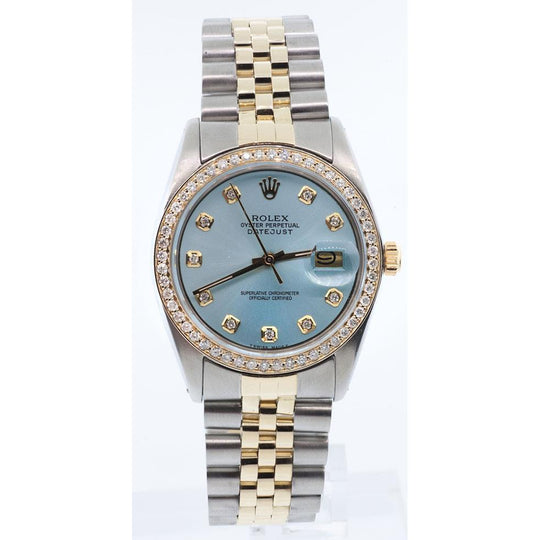 Rolex Datumjust blauw parelmoer diamanten wijzerplaat lunette horloge Twee toon jubileum SNELLE INSTELLING
