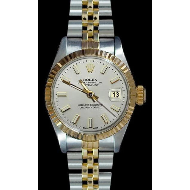 Rolex Datumjust dameshorloge met witte wijzerplaat, roestvrij staal en geel goud
