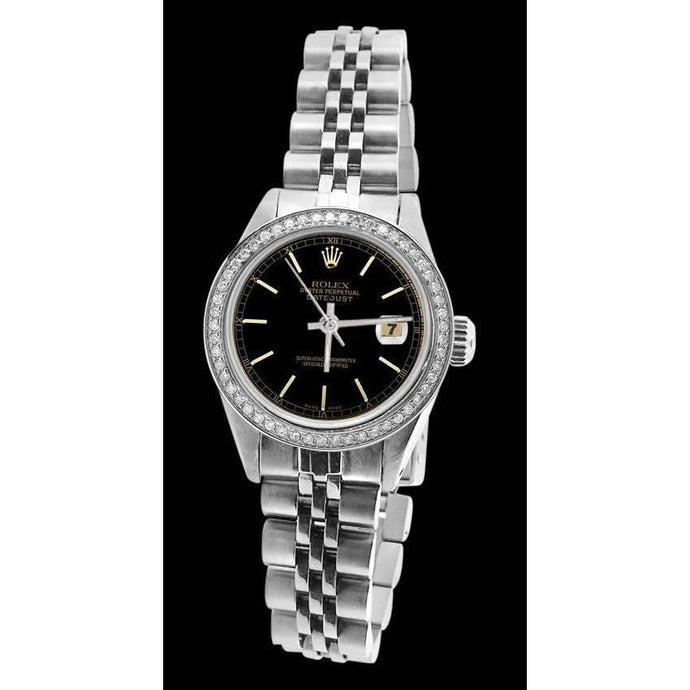 Rolex Datumjust dameshorloge met zwarte stok-wijzerplaat roestvrij staal Jubileum-armband

