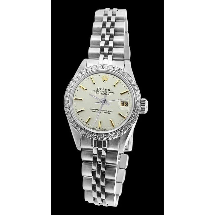 Rolex Datumjust dameshorloge roestvrij staal diamanten rand wit
