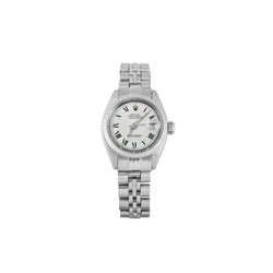 Rolex Datumjust dameshorloge witte Romeinse wijzerplaat, gecanneleerde lunette, roestvrij staal jubileum