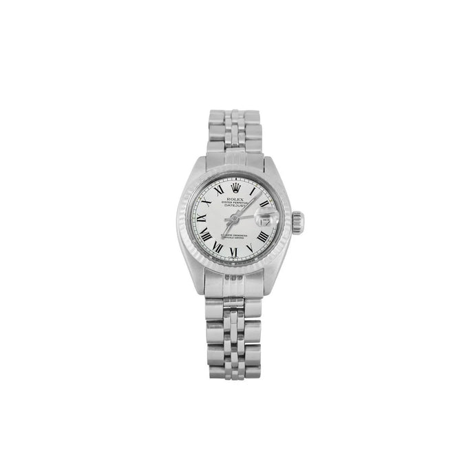 Rolex Datumjust dameshorloge witte Romeinse wijzerplaat, gecanneleerde lunette, roestvrij staal jubileum

