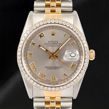Afbeelding in Gallery-weergave laden, Rolex Datumjust diamanten rand herenhorloge tweekleurige jubileum grijze Romeinse wijzerplaat
