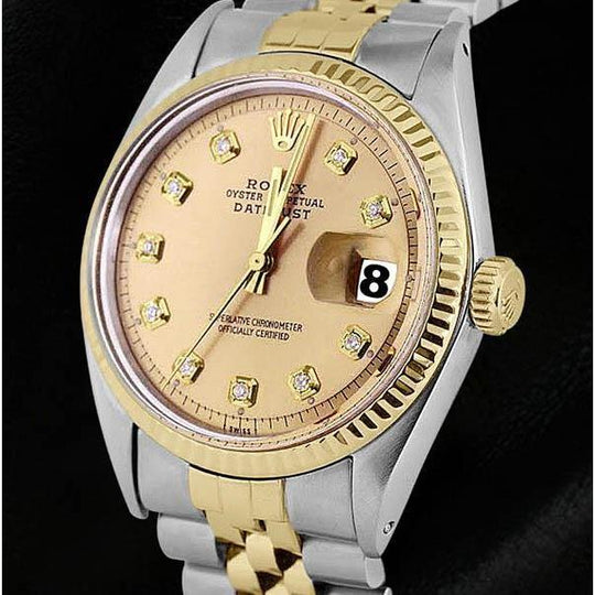 Rolex Datumjust diamanten wijzerplaat gecanneleerde lunette herenhorloge twee toon Jubileum armband SNELLE INSTELLING
