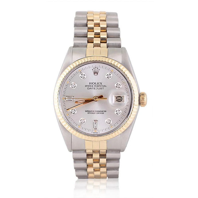 Rolex Datumjust diamanten wijzerplaat gecanneleerde rand herenhorloge tweekleurig jubileum snel ingesteld
