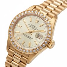 Afbeelding in Gallery-weergave laden, Rolex Datumjust geel goud voorzitter stijl horloge grijze stok wijzerplaat diamant
