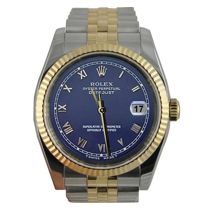 Rolex Datumjust heren Rolex blauwe Romeinse wijzerplaat roestvrij staal en gouden jubileum snel ingesteld
