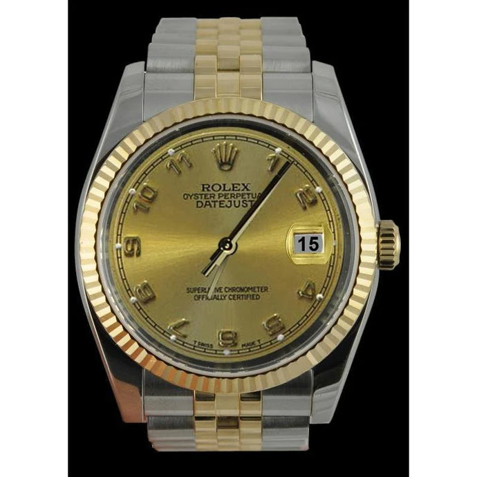 Rolex Datumjust herenhorloge Champagne Arabische armband Roestvrij staal en goud snel ingesteld
