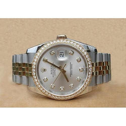 Rolex Datumjust herenhorloge met zilveren diamanten wijzerplaat en diamanten rand