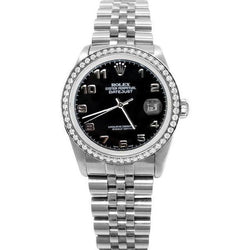 Rolex Datumjust herenhorloge roestvrij staal jubileum zwarte Arabische wijzerplaat diamanten rand SNELLE INSTELLING