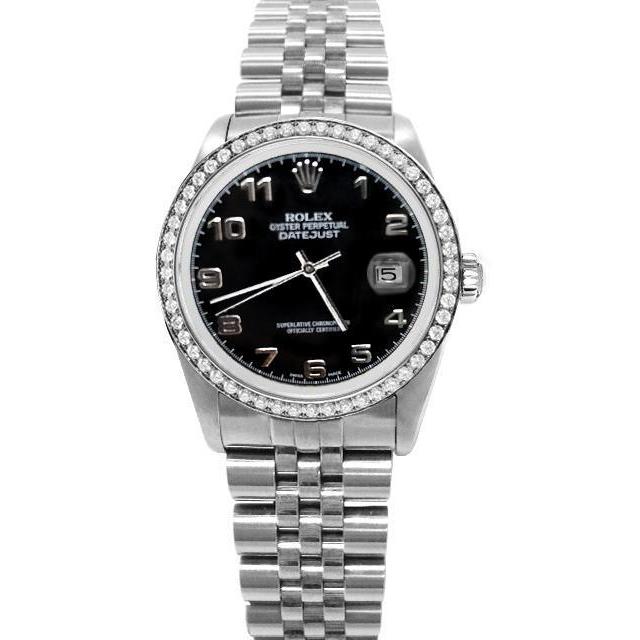 Rolex Datumjust herenhorloge roestvrij staal jubileum zwarte Arabische wijzerplaat diamanten rand SNELLE INSTELLING
