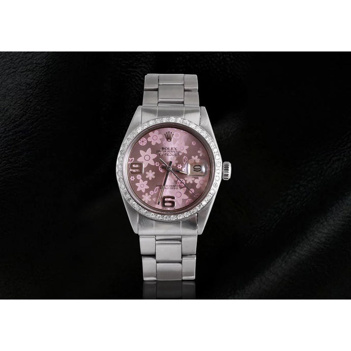 Rolex Datumjust herenhorloge roze bloem wijzerplaat diamanten rand roestvrij staal SNELLE INSTELLING
