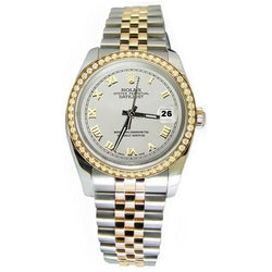 Rolex Datumjust horloge jubileum met witte Romeinse wijzerplaat en diamanten rand