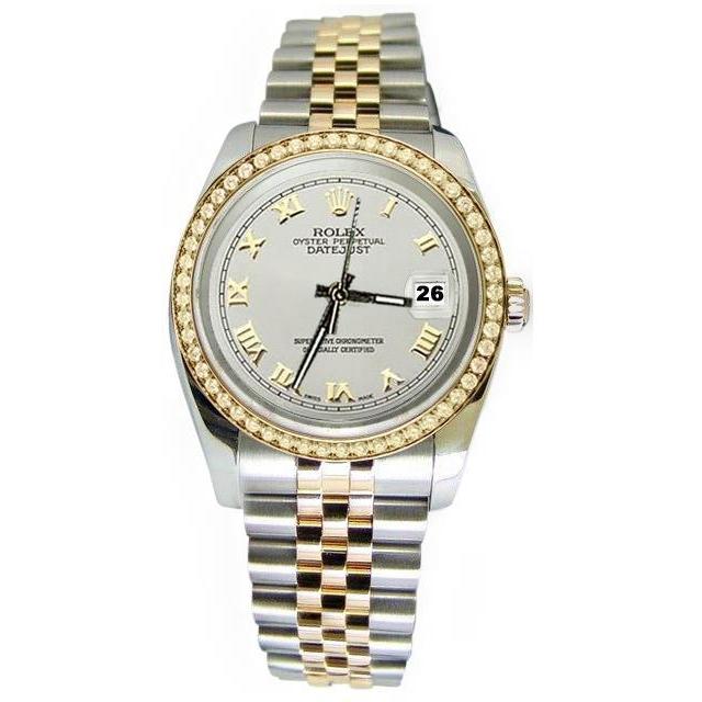 Rolex Datumjust horloge jubileum met witte Romeinse wijzerplaat en diamanten rand
