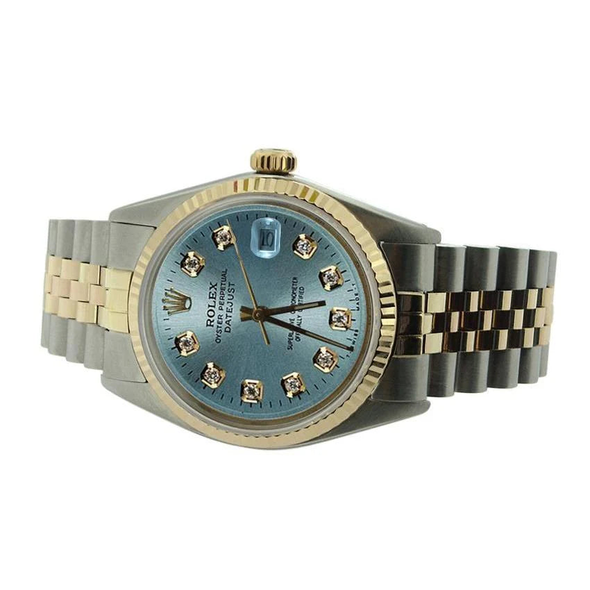 Rolex Datumjust horloge met blauwe diamanten wijzerplaat, tweekleurig snel ingesteld
