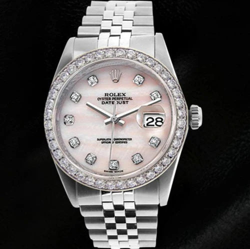 Rolex Datumjust horloge met roze dweil diamanten wijzerplaat Oester eeuwigdurende diamant
