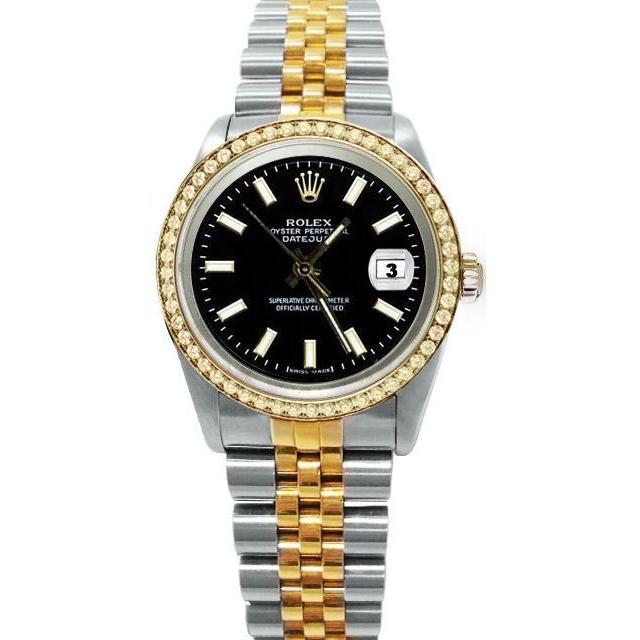 Rolex Datumjust horloge met zwarte wijzerplaat, diamanten rand, goud en roestvrij staal snel ingesteld
