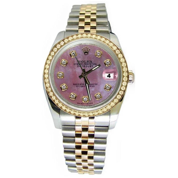 Rolex Datumjust horloge roze diamanten wijzerplaat jubileumarmband tweekleurige snel ingesteld
