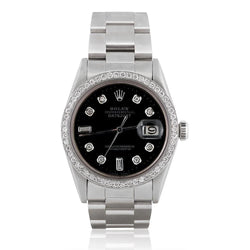 Rolex Datumjust horloge zwarte diamanten wijzerplaat roestvrijstalen armband
