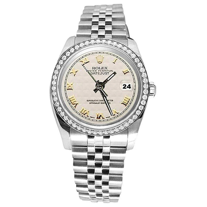 Rolex Datumjust roestvrij stalen horlogeband witte Romeinse wijzerplaat diamanten rand snel ingesteld

