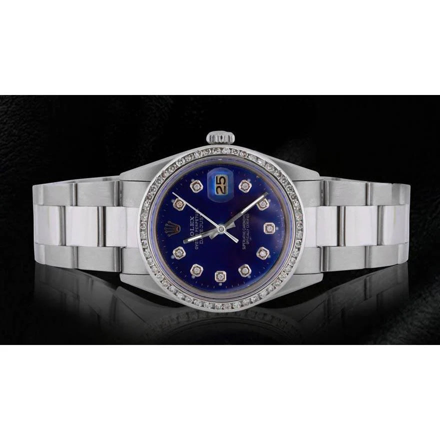 Rolex Datumjust roestvrijstalen Oester-armband herenhorloge met blauwe diamanten wijzerplaat snel ingesteld
