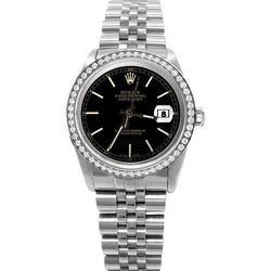 Rolex Datumjust roestvrijstalen horloge met diamanten rand en zwarte wijzerplaat