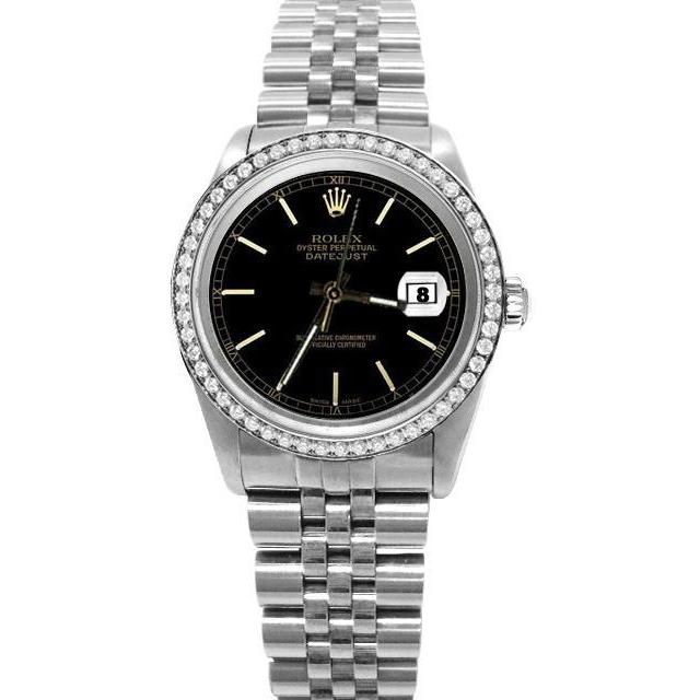 Rolex Datumjust roestvrijstalen horloge met diamanten rand en zwarte wijzerplaat
