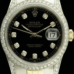 Rolex Datejust Snelinstelling van de Datum Geen Gaten Diamanten Lunette Zwarte Wijzerplaat Roestvrijstalen Armband