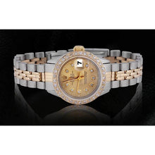 Afbeelding in Gallery-weergave laden, Rolex Datumjust tapijtwerk dameshorloge met diamanten wijzerplaat roestvrij staal en goud

