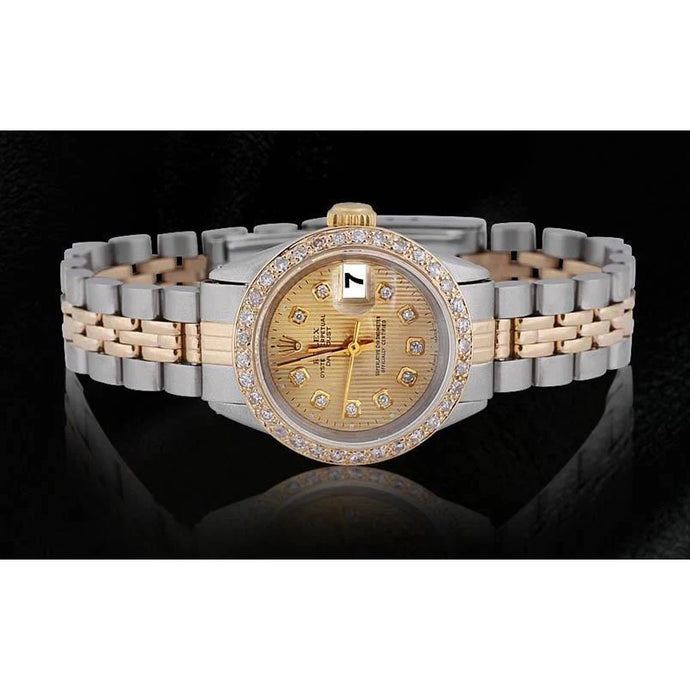 Rolex Datumjust tapijtwerk dameshorloge met diamanten wijzerplaat roestvrij staal en goud
