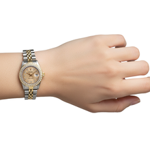 Afbeelding in Gallery-weergave laden, Rolex Datumjust tapijtwerk dameshorloge met diamanten wijzerplaat roestvrij staal en goud P2
