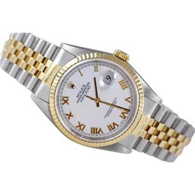 Rolex Datumjust twee toon armband herenhorloge witte Romeinse wijzerplaat lunette SNELLE INSTELLING
