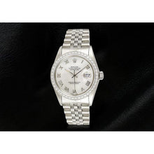 Afbeelding in Gallery-weergave laden, Rolex Datumjust witte Dweil Romeinse wijzerplaat Diamanten lunette roestvrij staal Jubileum armband SNELLE INSTELLING

