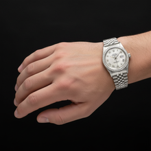 Afbeelding in Gallery-weergave laden, Rolex Datumjust witte Dweil Romeinse wijzerplaat Diamanten lunette roestvrij staal Jubileum armband SNELLE INSTELLING
