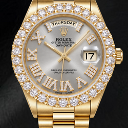 Rolex Day-Date 18038 36mm Zilveren Romeinse Diamanten Wijzerplaat Geelgoud Horloge