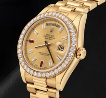 Afbeelding in Gallery-weergave laden, Rolex Day-Date II 218348 41mm Champagne Baguette Diamanten Wijzerplaat Geelgoud Horloge 18K
