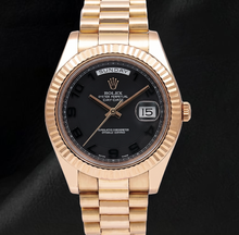 Afbeelding in Gallery-weergave laden, Rolex Day-Date II 41mm 218235 Roségoud Horloge met Zwarte Arabische Wijzerplaat en President-band
