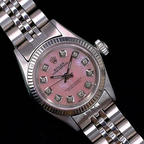 Rolex Horloge Oyster Perpetual  Roestvrij Staal Gecanneleerde Lunette Diamanten Wijzerplaat