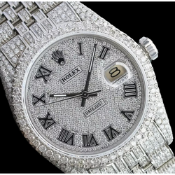 Rolex Iced Out Diamant 12 Karaat 36mm Romeinse Wijzerplaat Roestvrij Staal Horloge