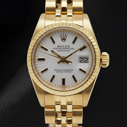 Rolex Lady-Datejust Horloge met Witte Wijzerplaat met Streepindexen, President-stijl Armband en Geelgoud