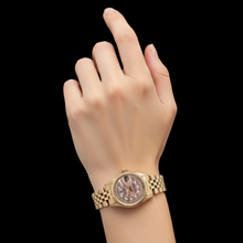 Afbeelding in Gallery-weergave laden, Rolex Lady Datejust Roze Parelmoer Snaar Diamant Wijzerplaat Geel Goud Horloge P5
