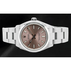 Rolex Oester Doorlopend 31 mm stalen dameshorloge met lichtgevende wijzerplaat in zalmkleur