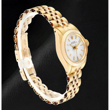 Afbeelding in Gallery-weergave laden, Rolex Oyster Perpetual Zilveren Stick Wijzerplaat 24 mm Geel Goud Dameshorloge
