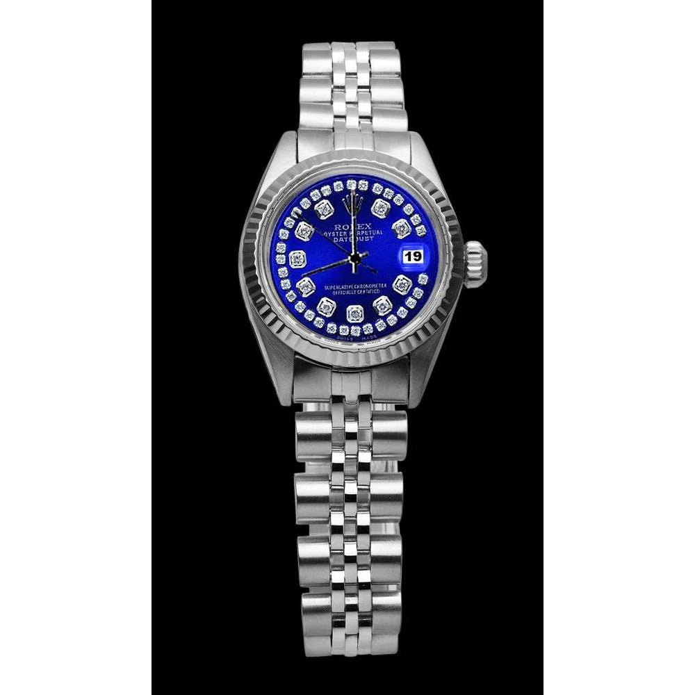 Rolex blauw roestvrijstalen jubileum Datumjust-horloge met dubbele rij diamanten wijzerplaat
